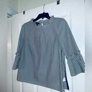 Talbot Striped Navy and White Blouse, bell sleeves with ruffles